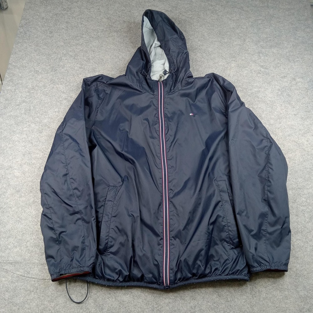 Tommy Hilfiger‎ Jacket Mens 2XL Blue Hooded Nylon Windbreaker Full Zip Lined